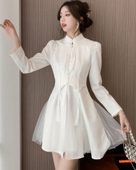 Tassels autumn gauze cheongsam splice white dress for women