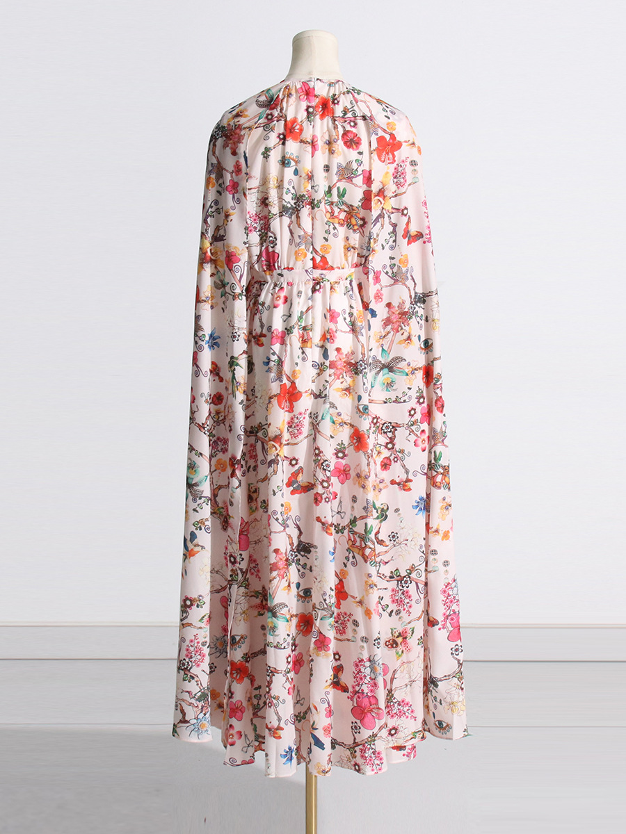 Autumn pinched waist dress printing retro cloak