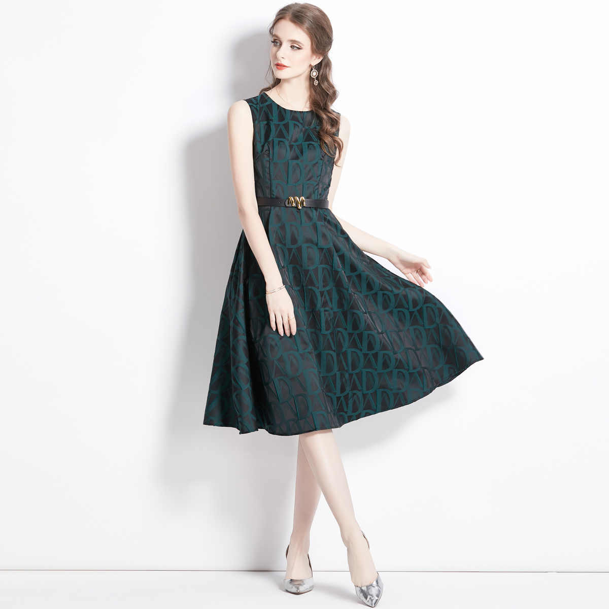 High waist Korean style France style jacquard dress