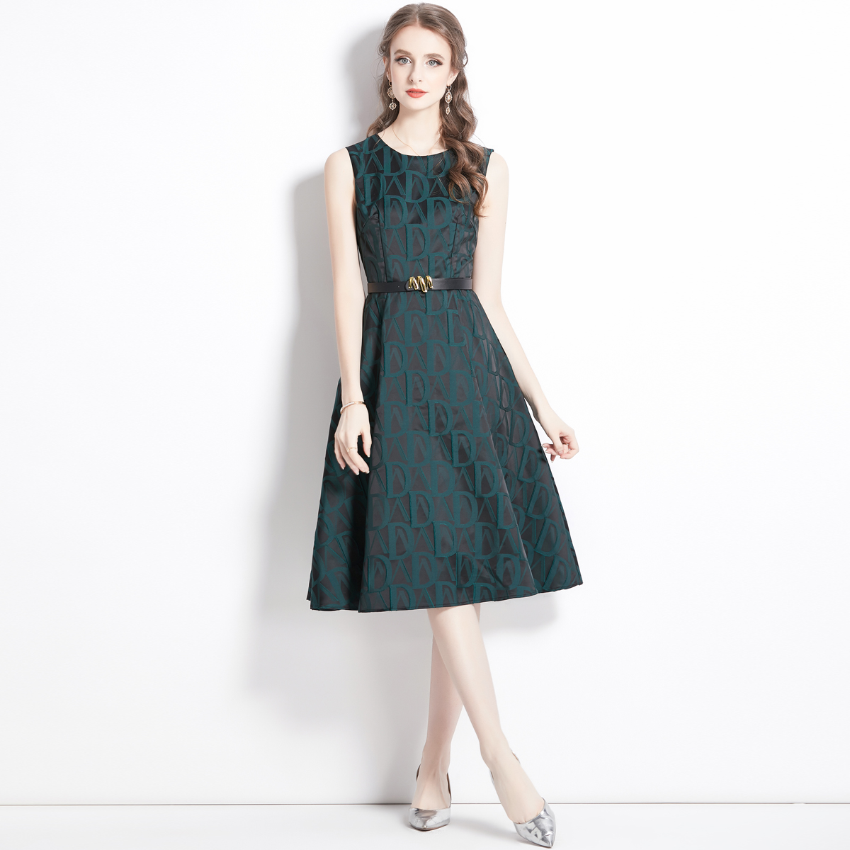 High waist Korean style France style jacquard dress