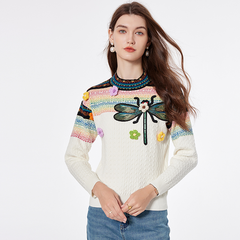 Flowers jacquard sweater round neck tops