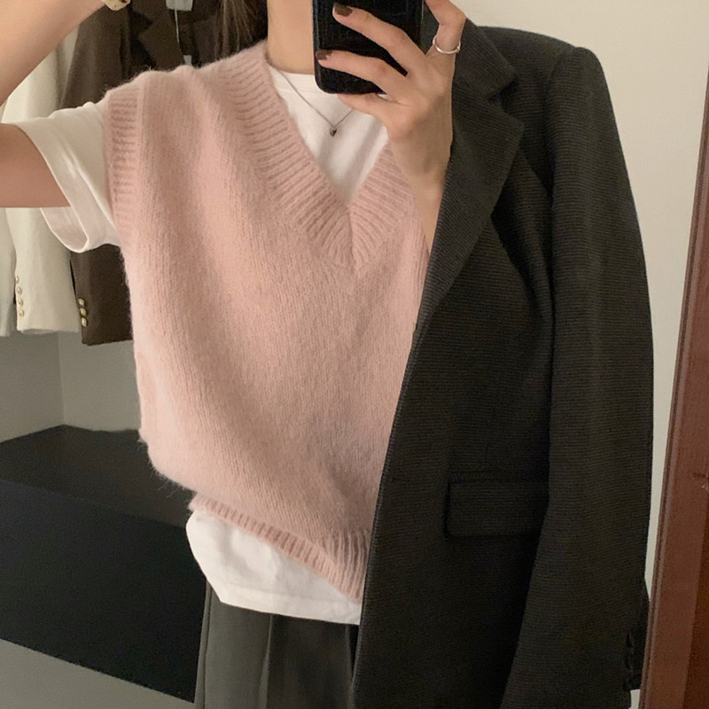Lazy V-neck sweater knitted pullover vest for women
