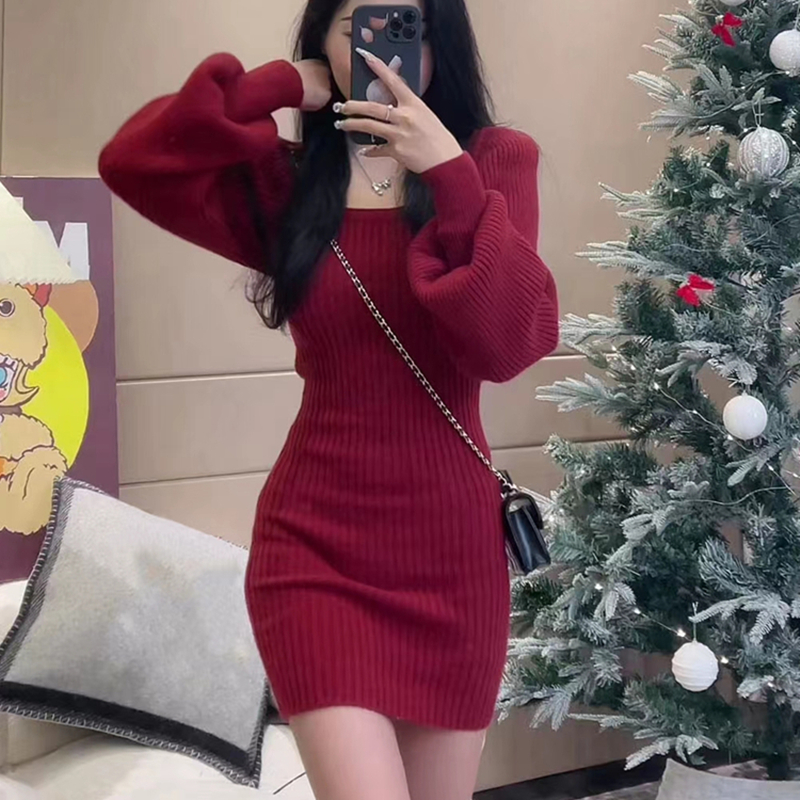 Korean style knitted autumn and winter ladies dress