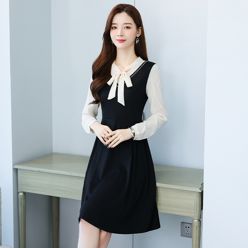 Long sleeve France style pinched waist dress for women