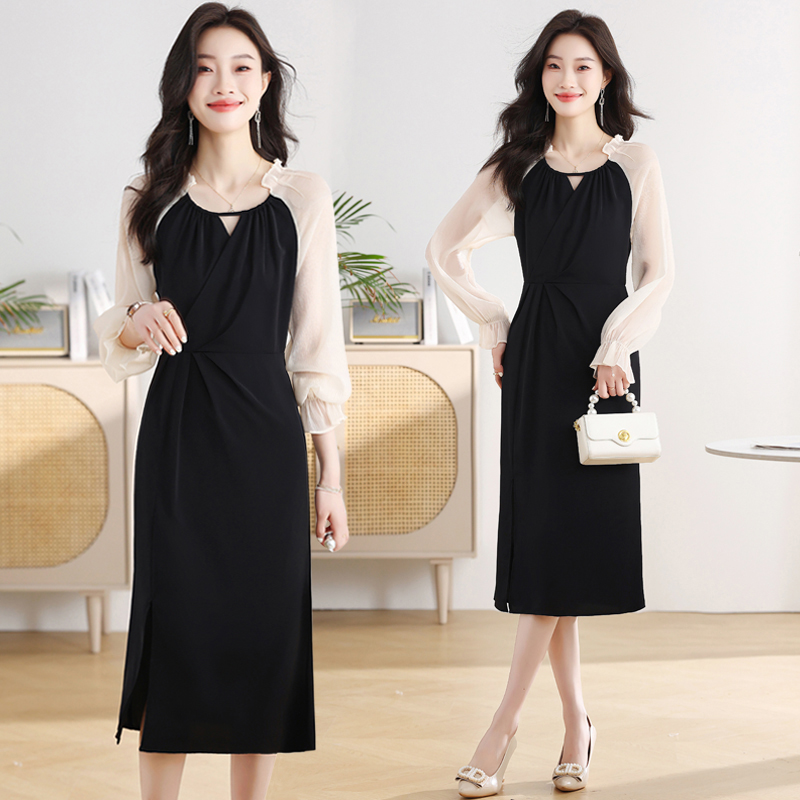 Slim black niche temperament gauze splice dress for women