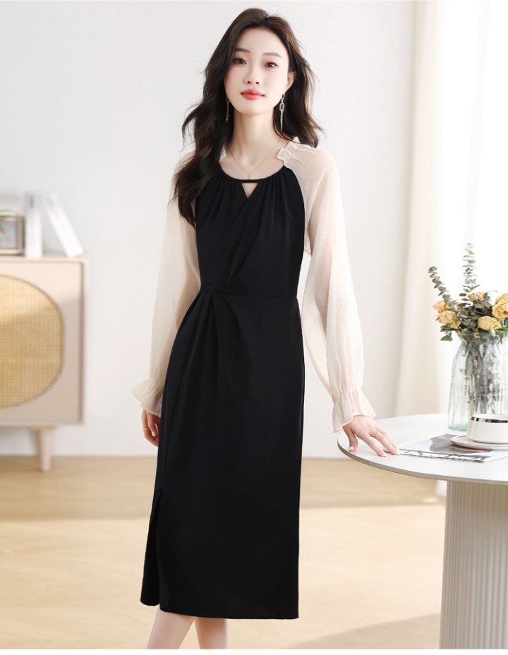 Slim black niche temperament gauze splice dress for women