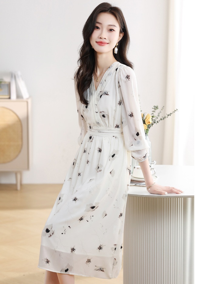 Long sleeve long spring slim floral chiffon dress for women