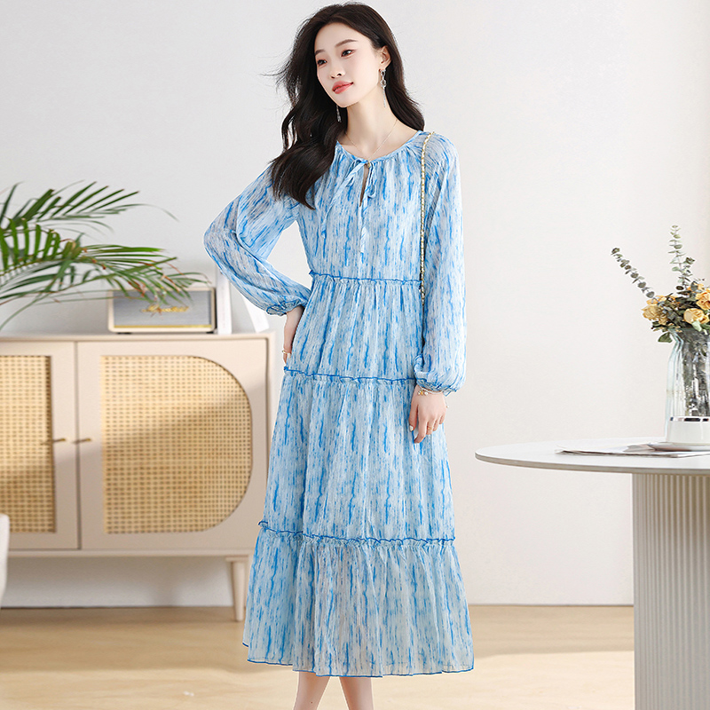 Vacation blue long dress France style dress for women