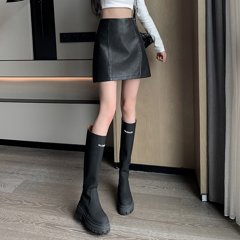 Washed high waist leather skirt autumn and winter skirt