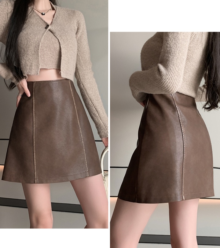 Washed high waist leather skirt autumn and winter skirt