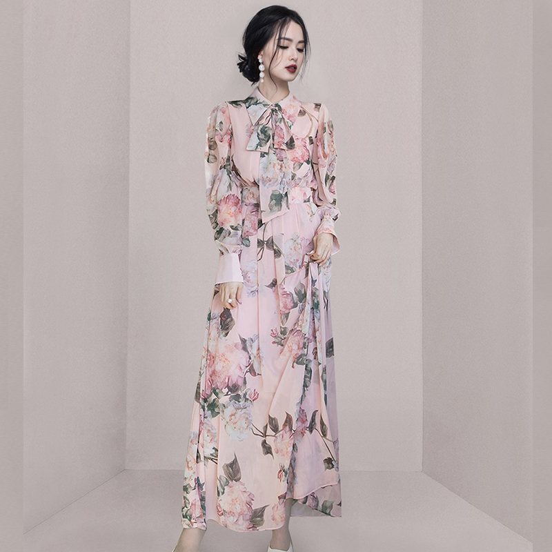 Korean style long fold printing autumn dress