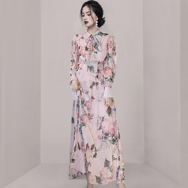 Korean style long fold printing autumn dress