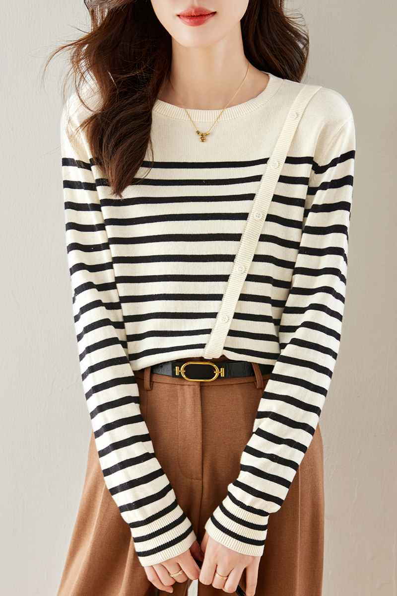Stripe round neck tops lazy autumn sweater for women