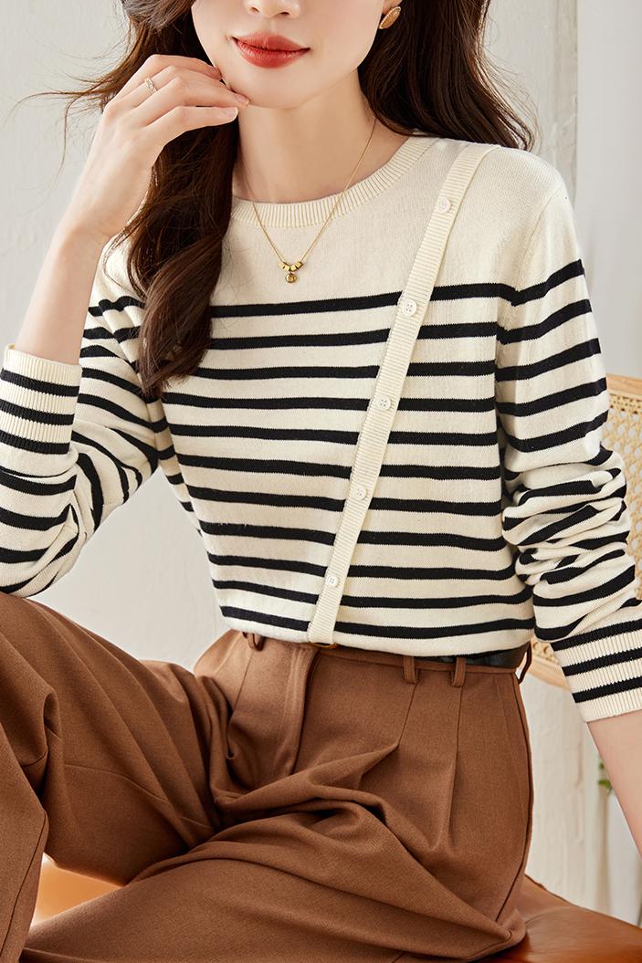 Stripe round neck tops lazy autumn sweater for women