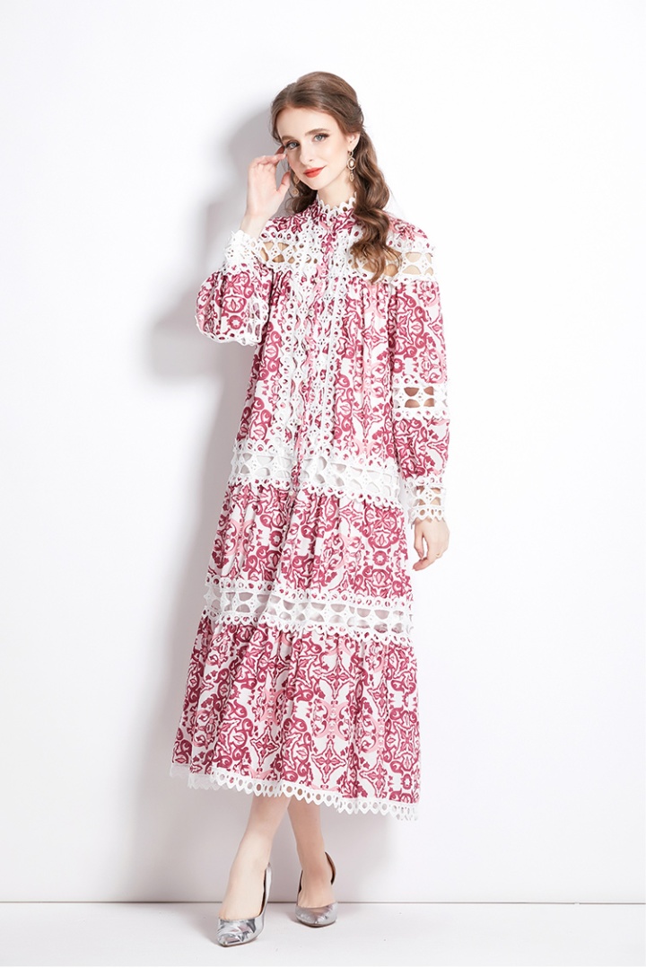 Hollow printing court style long single-breasted dress