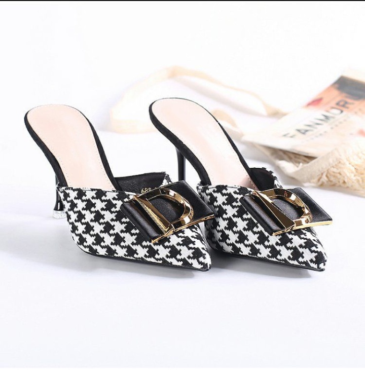Pointed houndstooth sandals half slippers for women