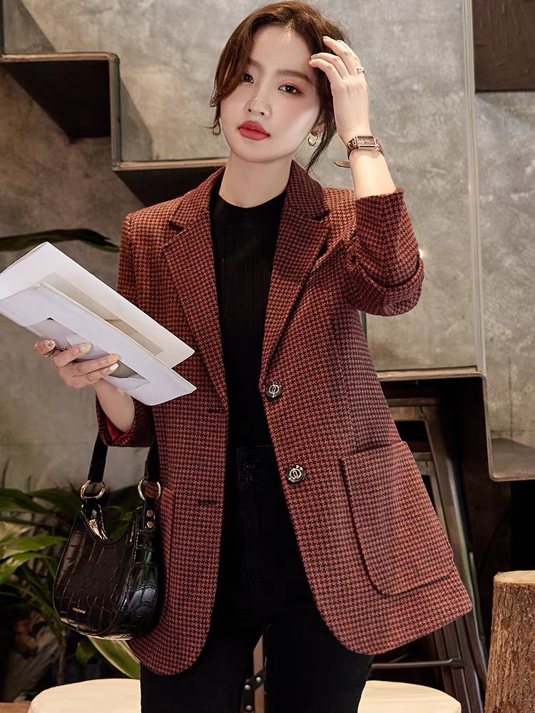 Spring and autumn loose tops houndstooth Casual coat