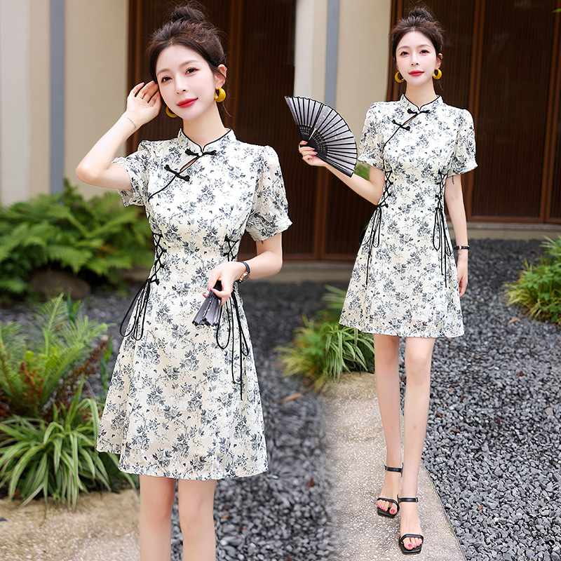 Chinese style floral cheongsam summer dress for women