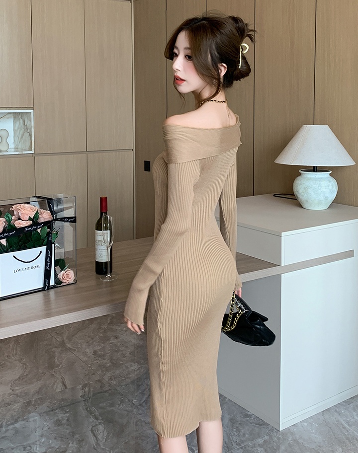 Split sexy dress slim flat shoulder long dress