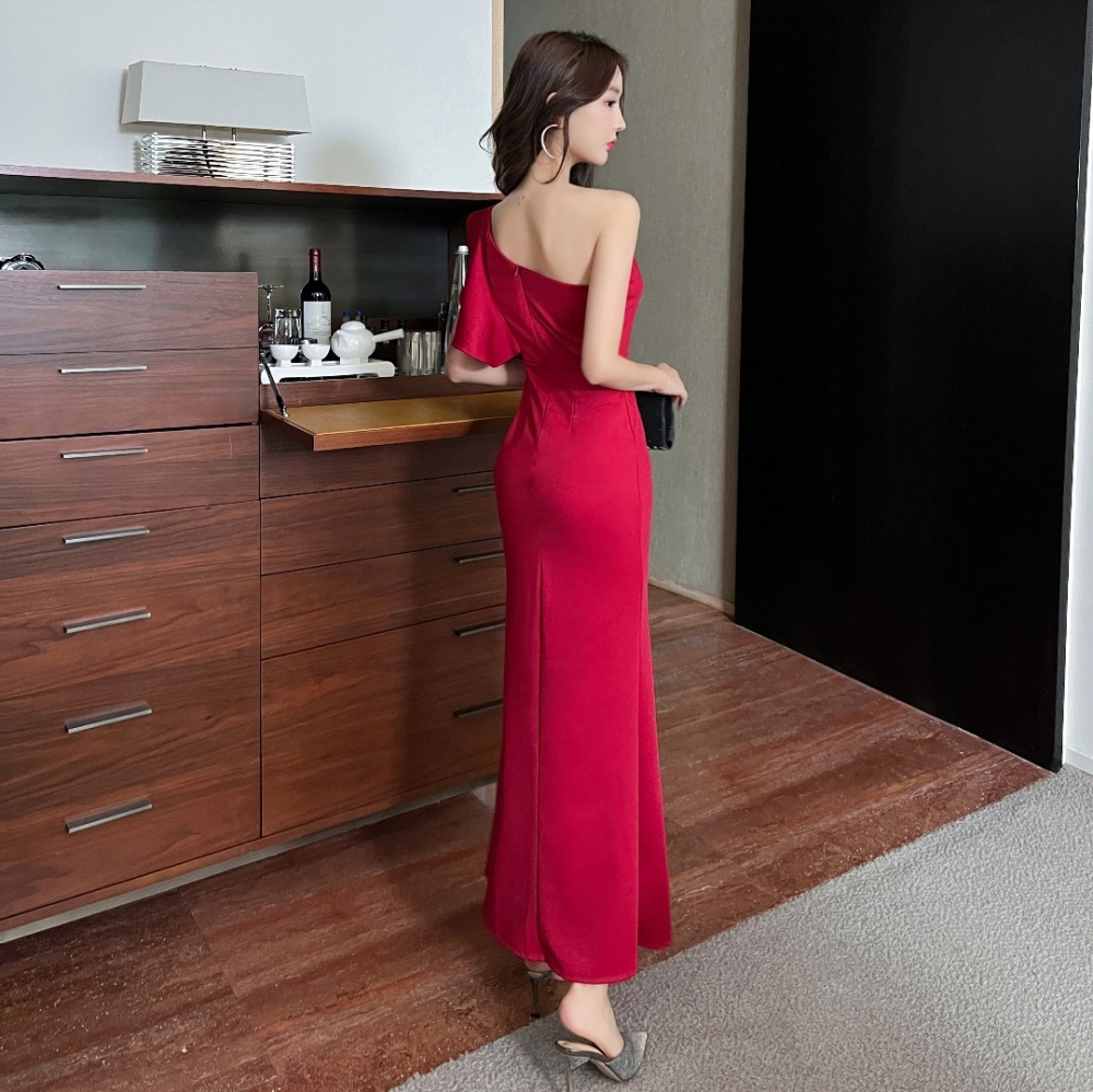 High slit sloping shoulder dress long formal dress