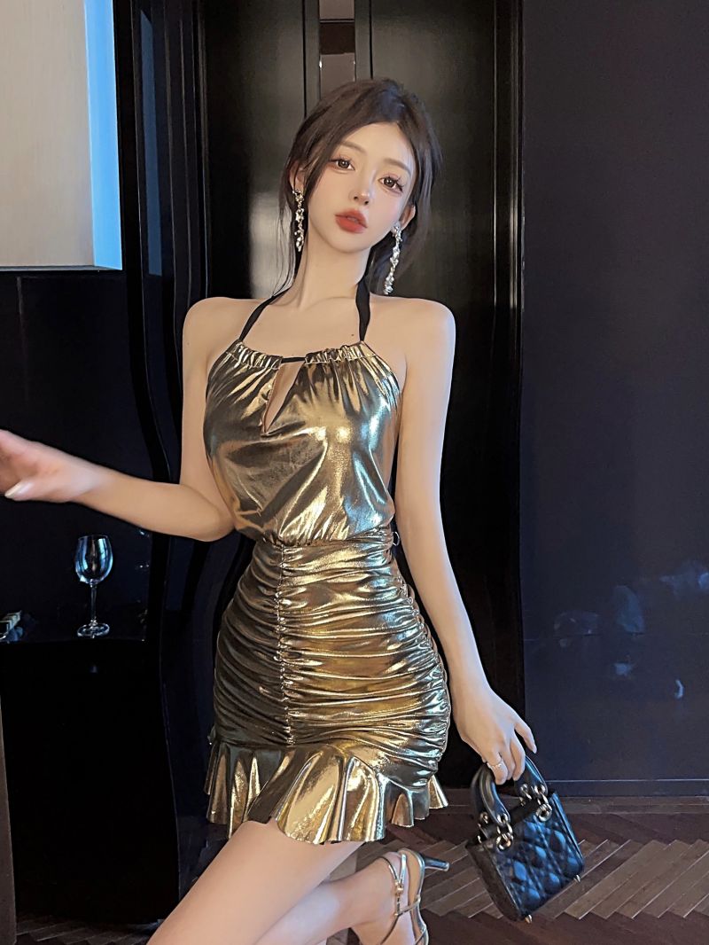 V-neck slim package hip gold ladies sexy halter dress