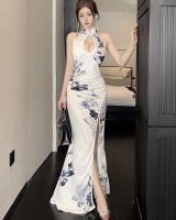 Retro split hollow dress sleeveless long printing cheongsam