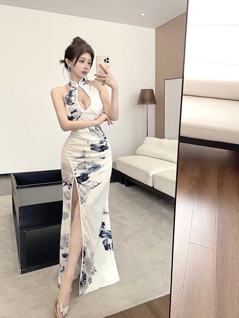 Retro split hollow dress sleeveless long printing cheongsam