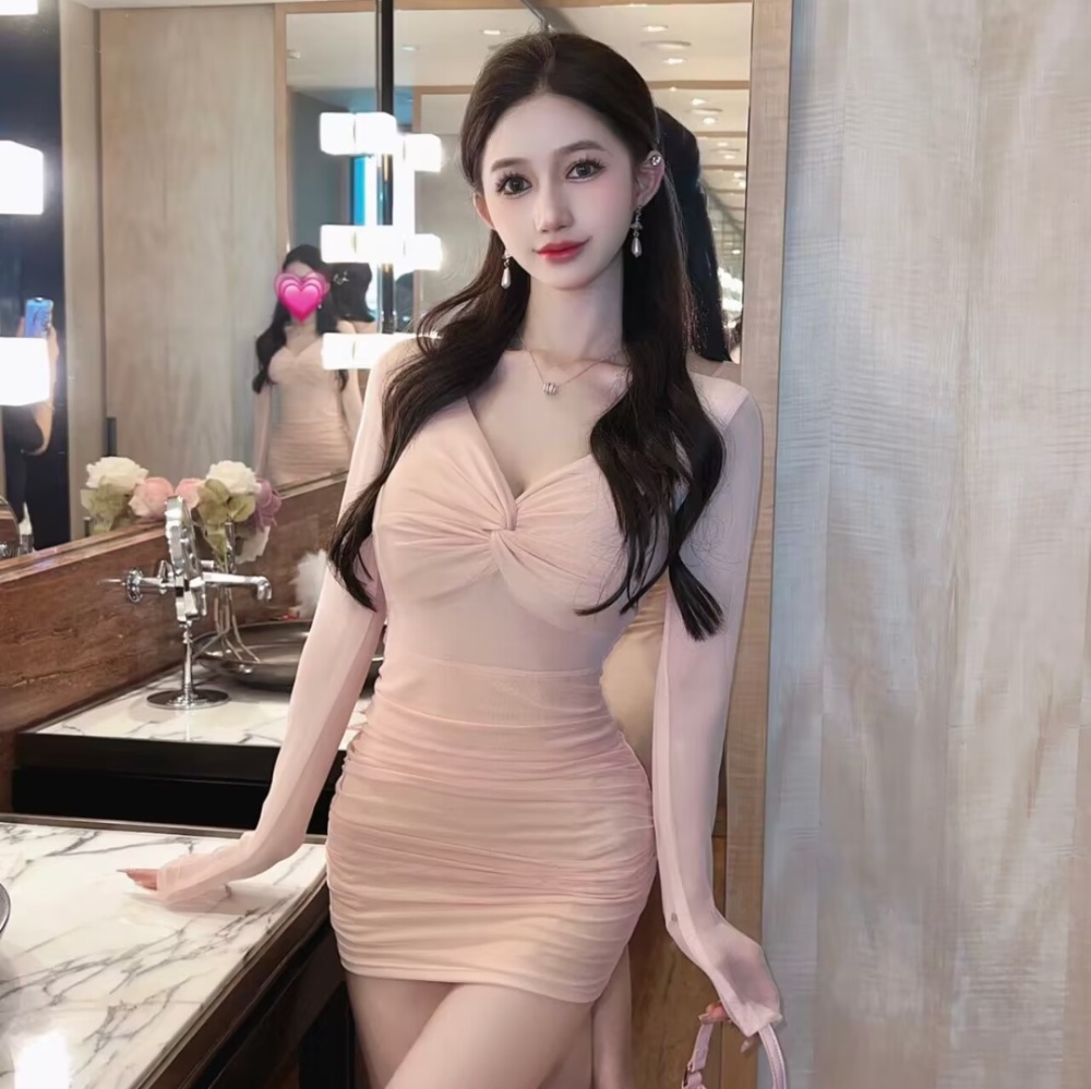 Package hip gauze sexy translucent long sleeve dress