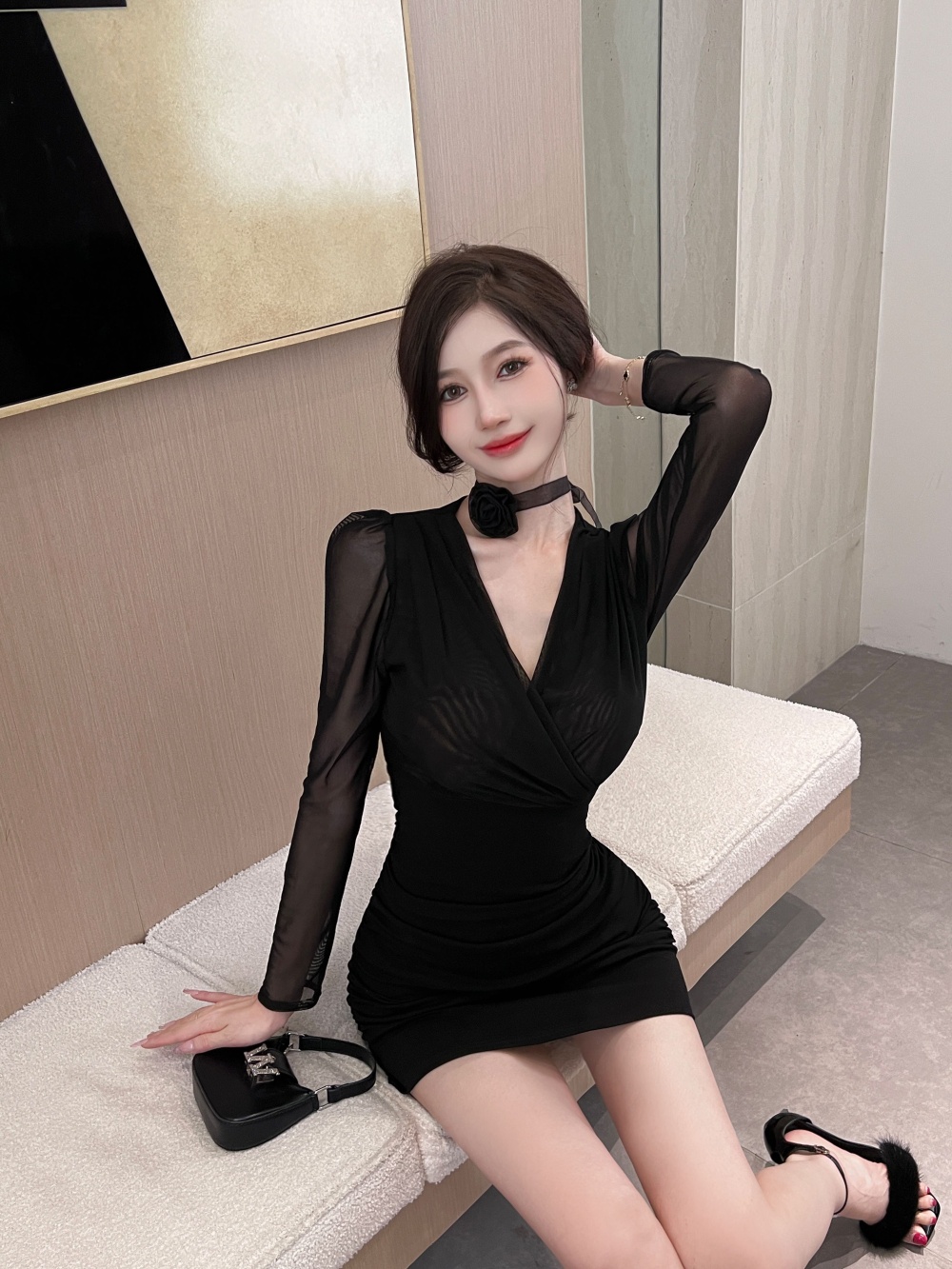 Long sleeve knitted V-neck printing colors dress