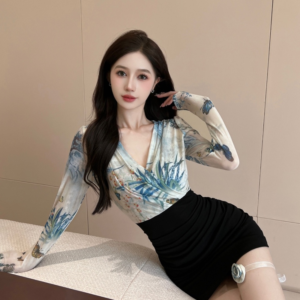 Long sleeve knitted V-neck printing colors dress
