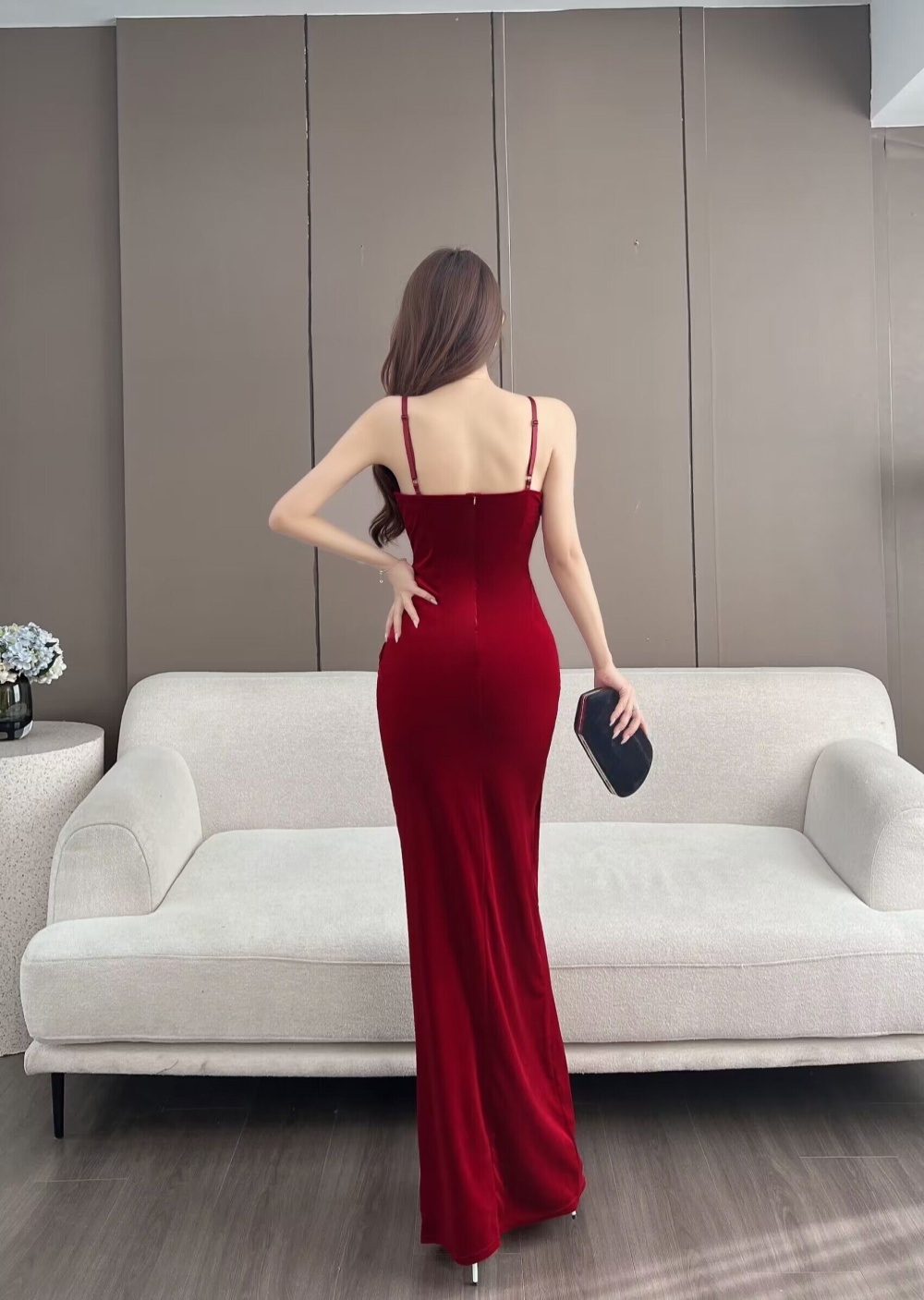 Sexy slim evening dress low-cut velvet long dress