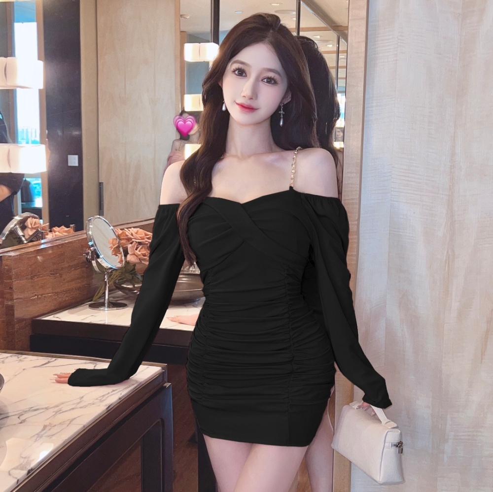 Long sleeve bottoming low collar sexy cotton dress