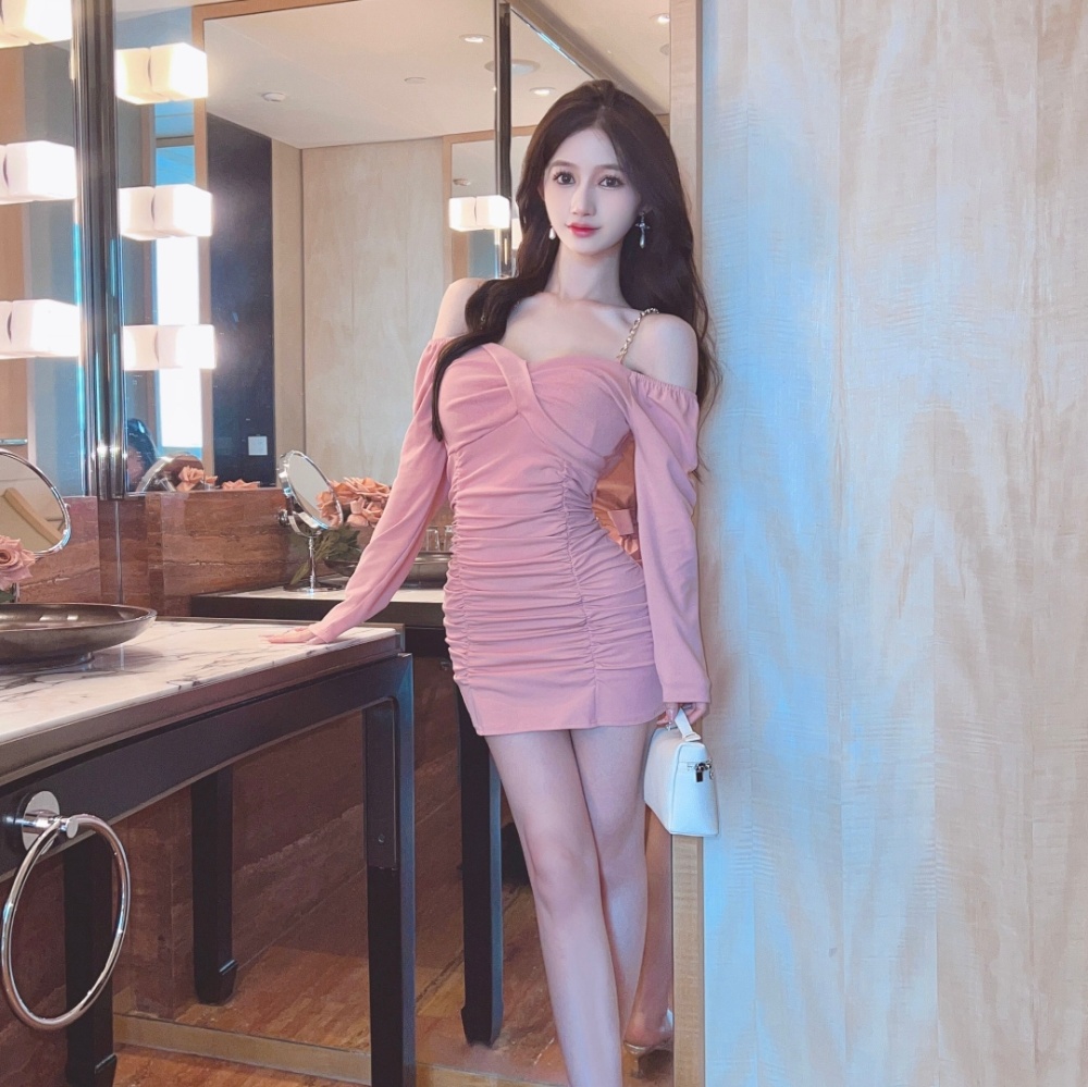 Long sleeve bottoming low collar sexy cotton dress