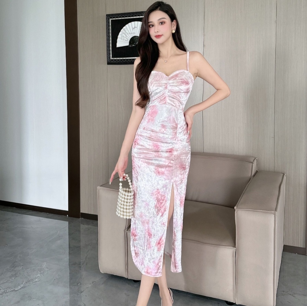 Pinched waist painting sling strapless soft dress