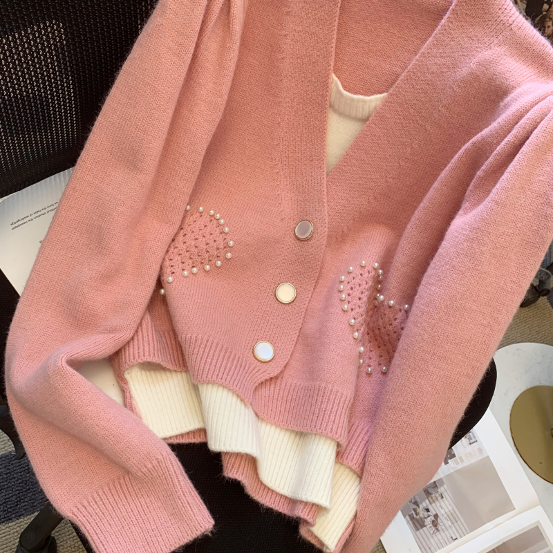 V-neck knitted loose sweater short Pseudo-two coat