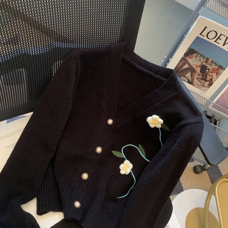Flowers stripe sweater stereoscopic V-neck coat for women