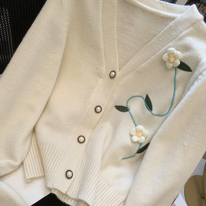 Flowers stripe sweater stereoscopic V-neck coat for women