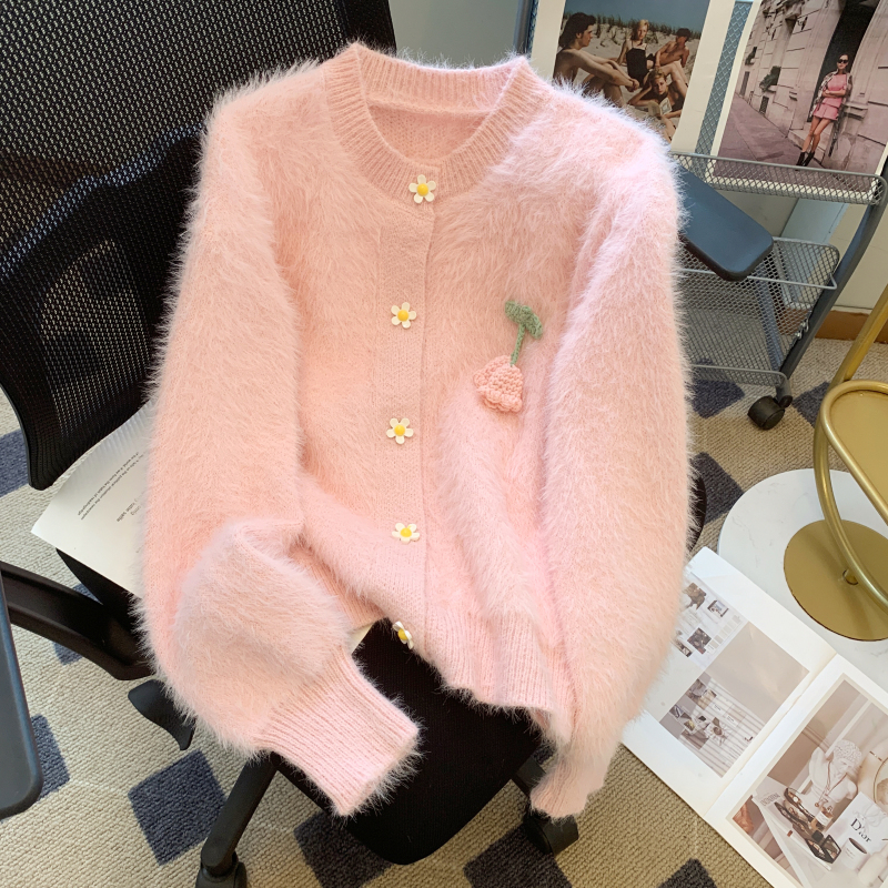 Knitted pink tops mink velvet lazy sweater