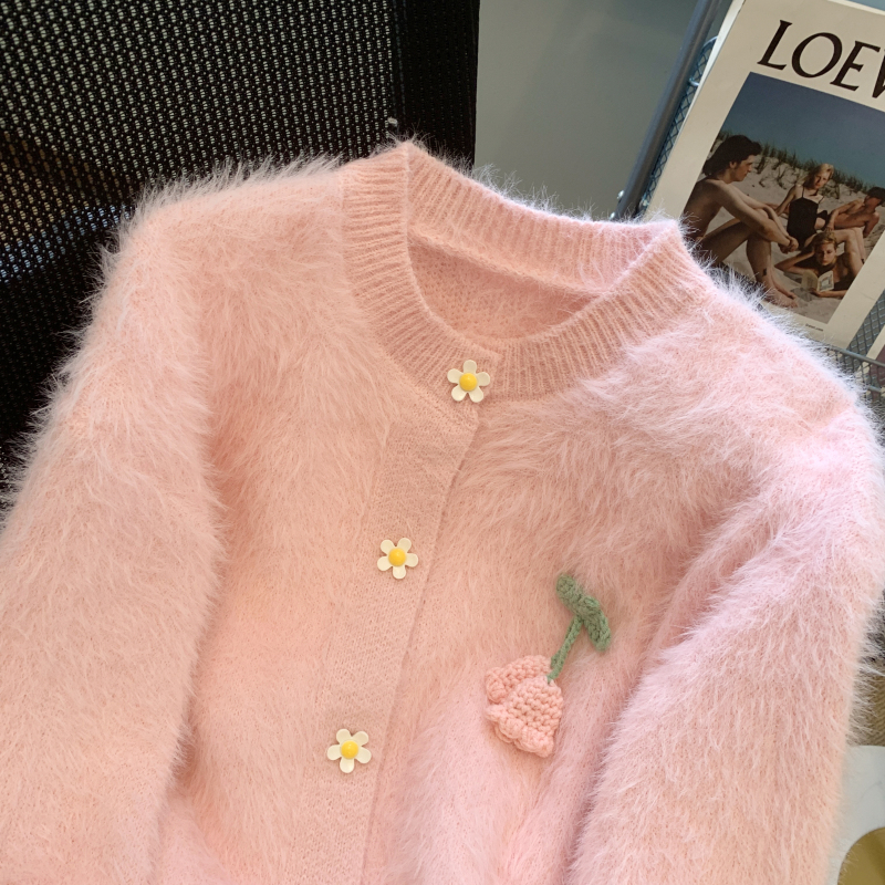 Knitted pink tops mink velvet lazy sweater