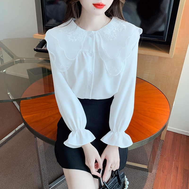 Trumpet sleeves niche sweet doll collar double shirt
