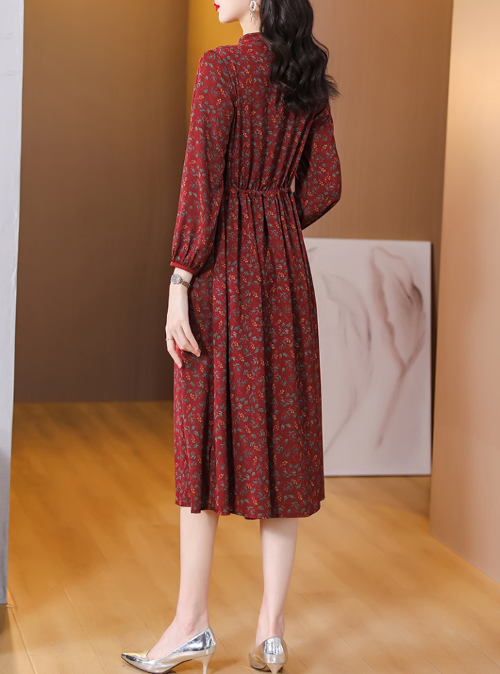 Red autumn floral long sleeve dress for women