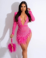 Sexy fashion perspective rhinestone feather dress for women