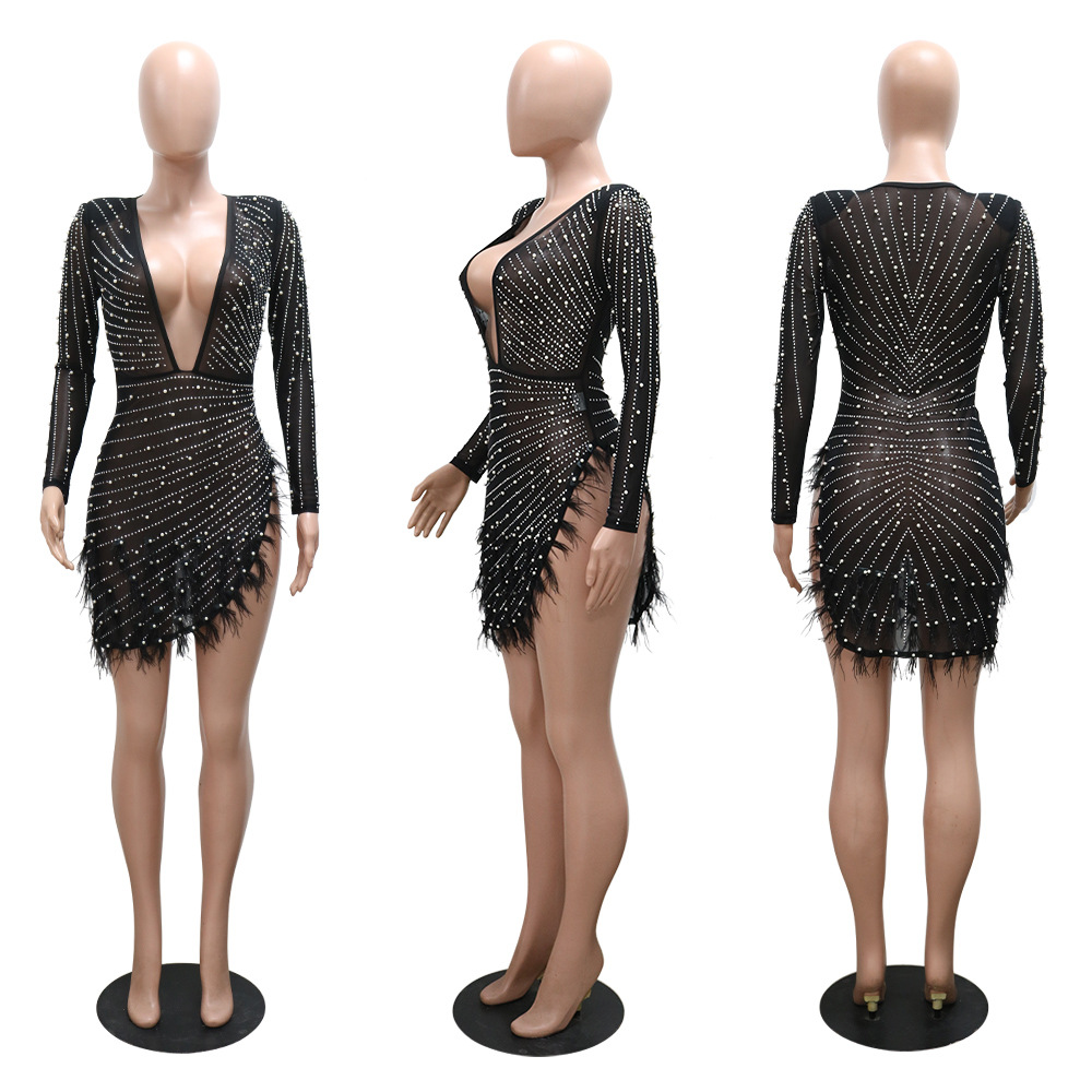 Sexy fashion perspective rhinestone feather dress for women