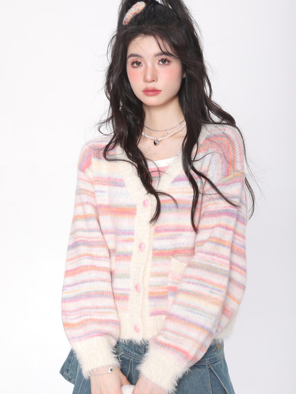 Wool knitted coat stripe loose cardigan for women