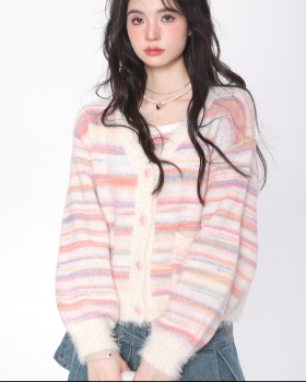 Wool knitted coat stripe loose cardigan for women