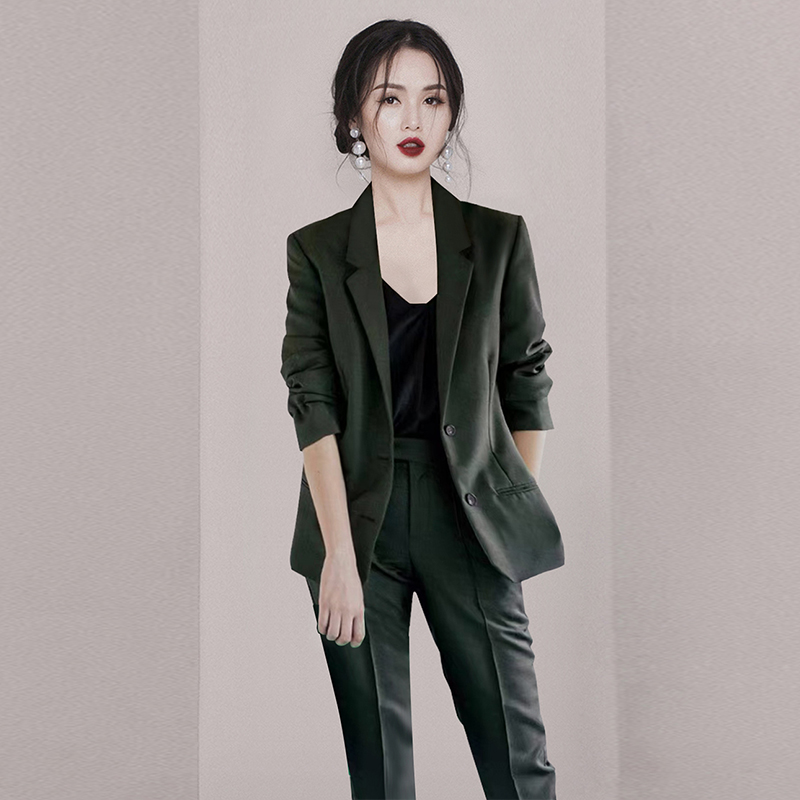 Casual temperament dark-green business suit a set for women
