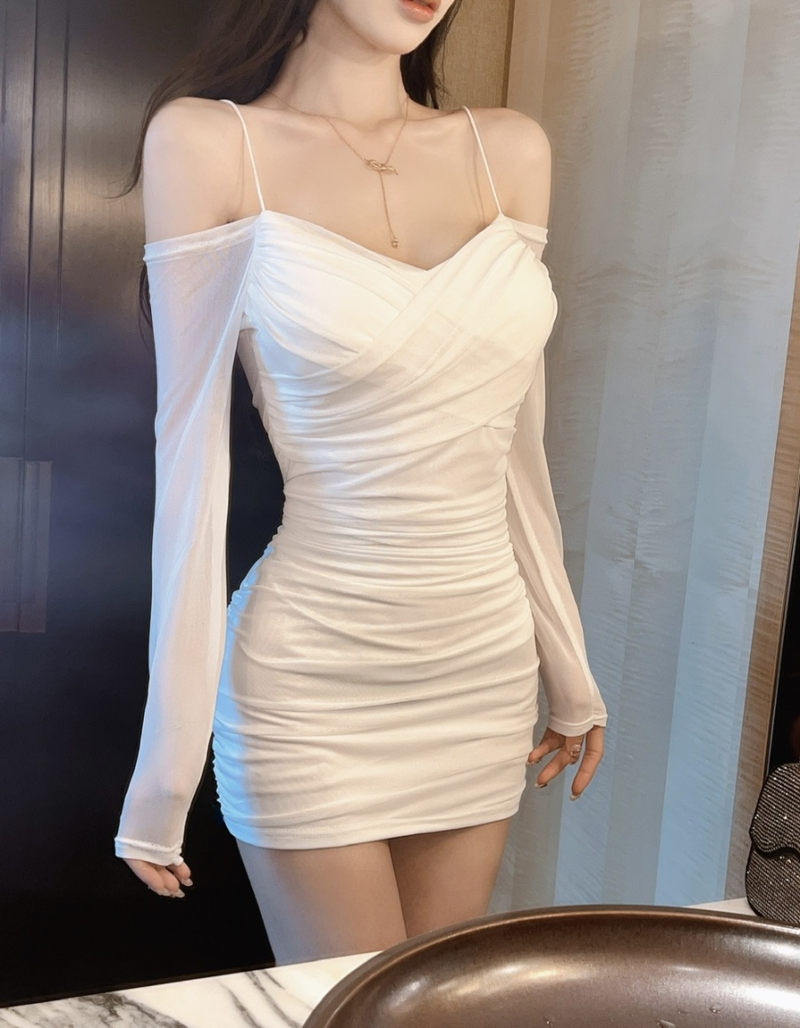Strapless sexy package hip long sleeve sling tight gauze dress