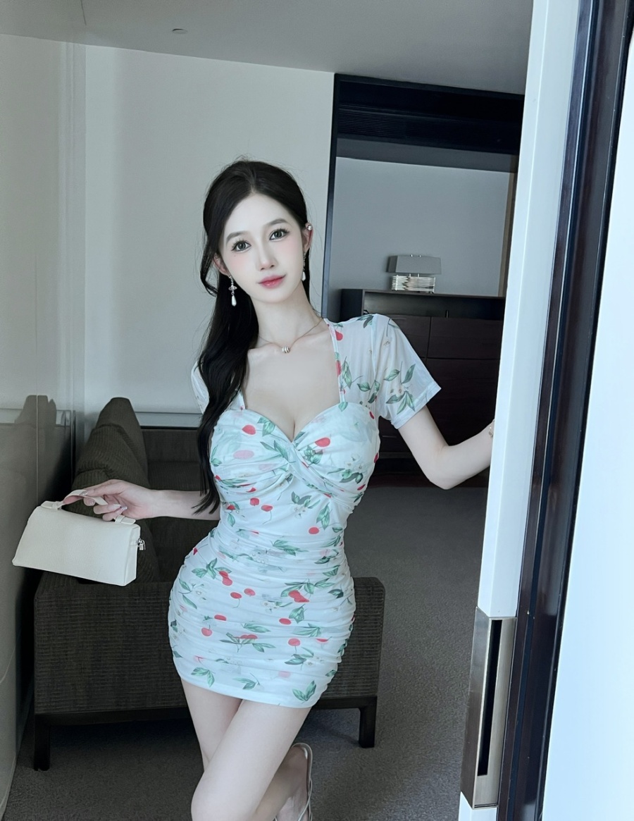 Package hip sexy fold short sleeve bottoming printing dress