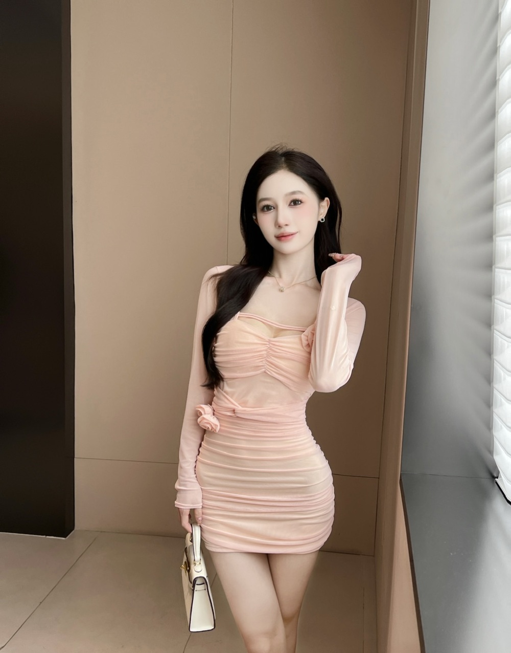 Long sleeve gauze tight package hip translucent sexy dress