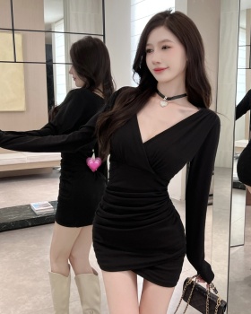Long sleeve tight V-neck cotton package hip sexy dress